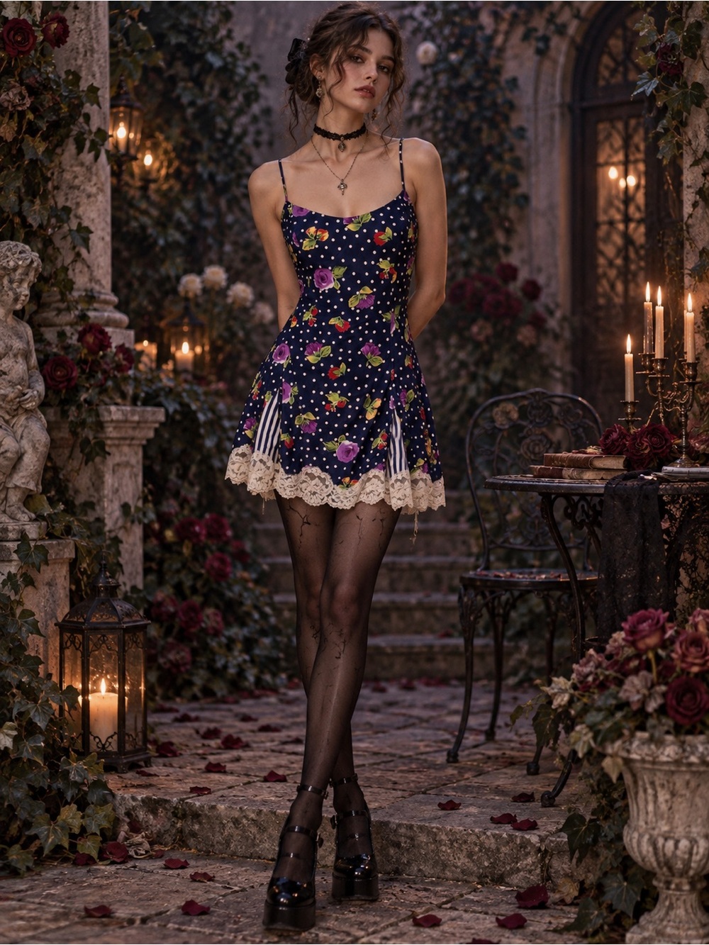 Vintage Victoria’s Secret Gold Label Floral Polka Dot Lace Slip Mini Dress Small